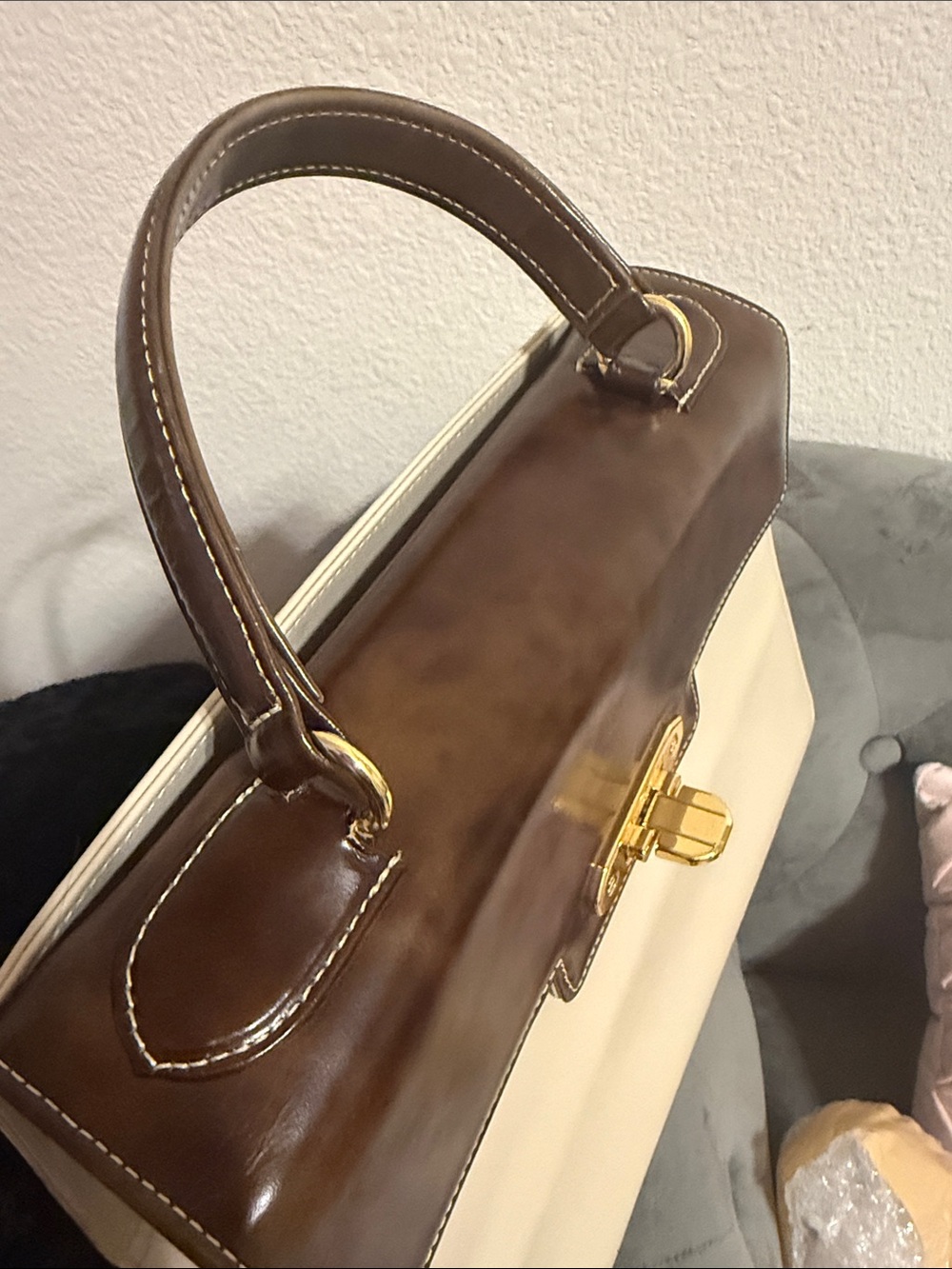 Valentino Garavani Two-Tone Cream and Dark Brown Leather Top-Handle Satchel - Picture 10 of 11